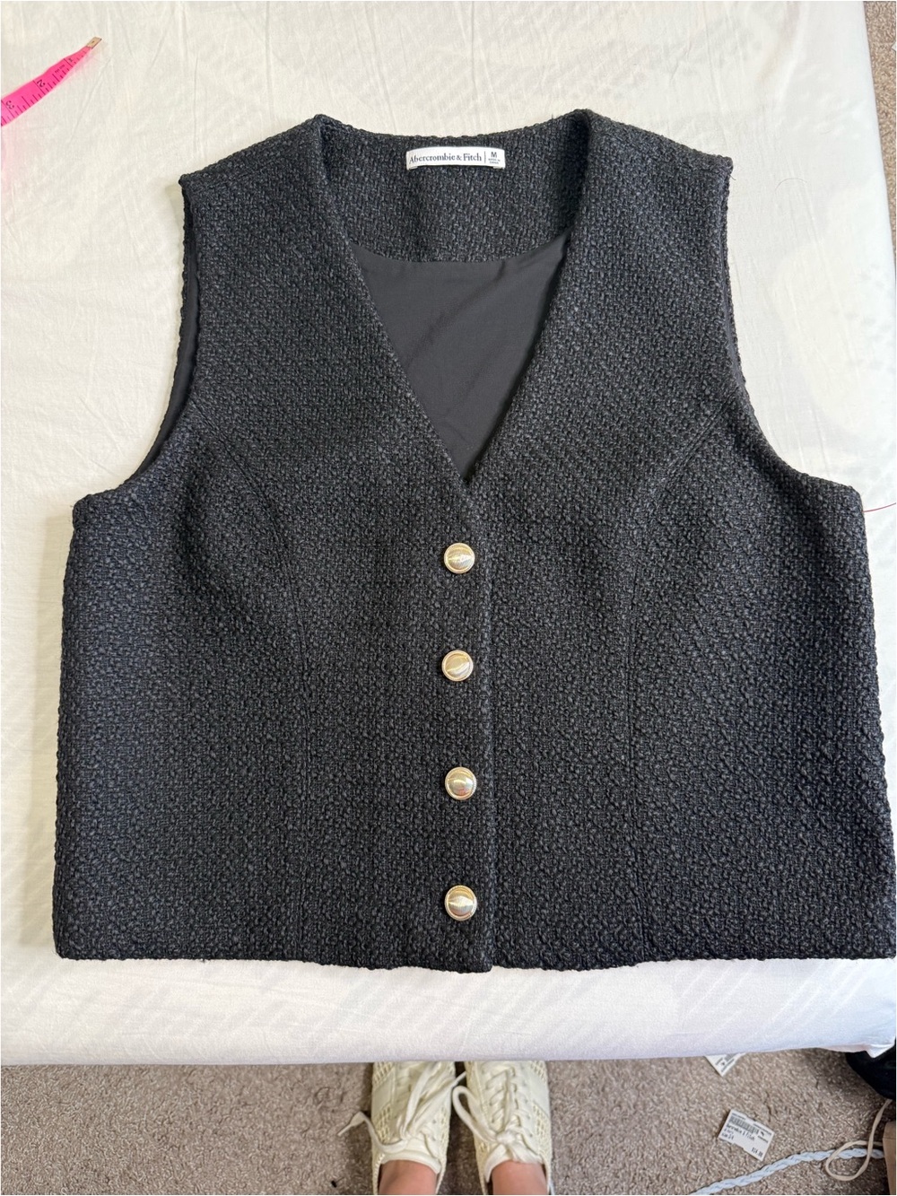Black Textured V-Neck Button Vest